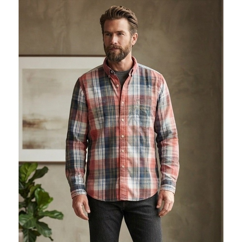 GH Bass & Co Flannel Plaid Button Down Long Sleeve Shirt Mens L Red Blue Cotton